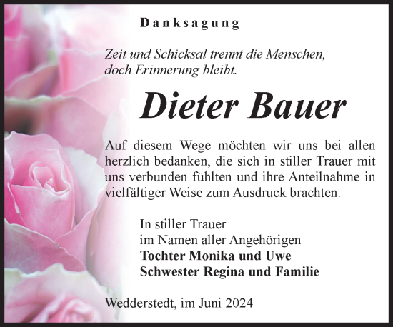 Traueranzeige von Dieter Bauer von Super Sonntag Aschersleben