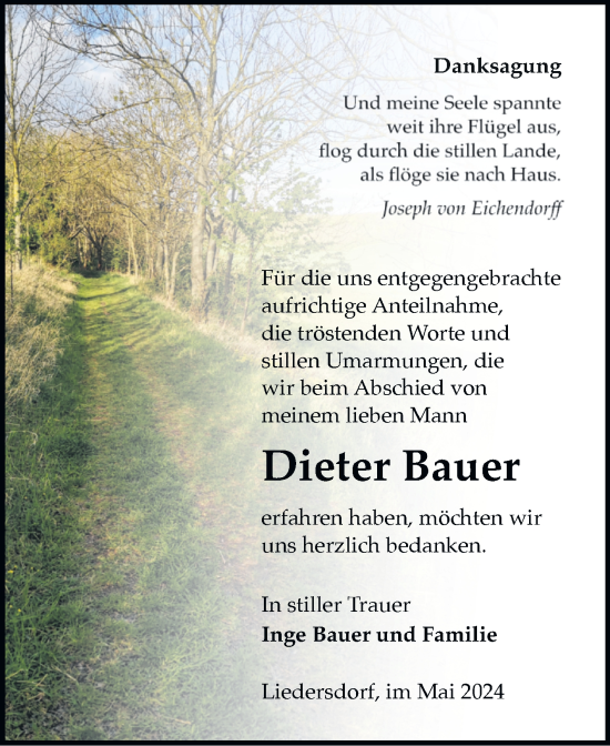 Traueranzeige von Dieter Bauer von Trauerkombi Sangerhausen