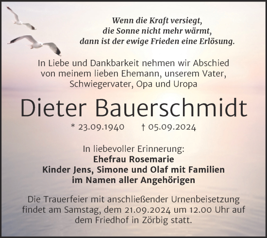 Traueranzeige von Dieter Bauerschmidt von Trauerkombi Bitterfeld