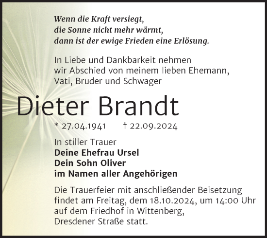 Traueranzeige von Dieter Brandt von Trauerkombi Wittenberg