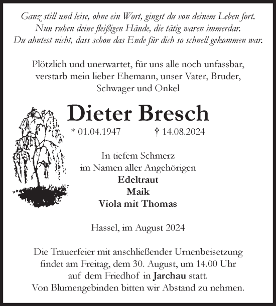Traueranzeige von Dieter Bresch von Volksstimme Altmark Ost