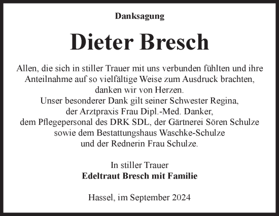 Traueranzeige von Dieter Bresch von Volksstimme Altmark Ost