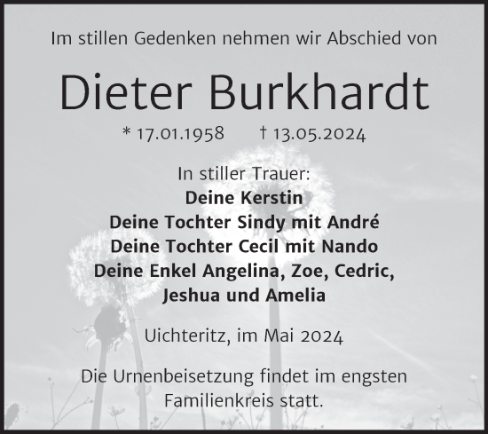 Traueranzeige von Dieter Burkhardt von Trauerkombi Weißenfels