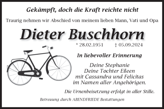 Traueranzeige von Dieter Buschhorn von Volksstimme Haldensleben/Wolmirstedt