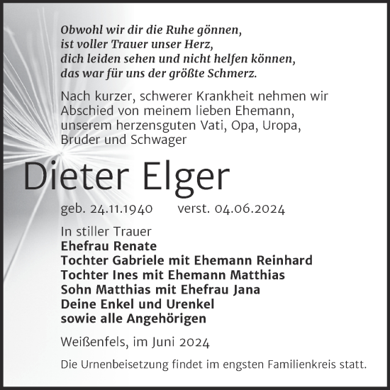 Traueranzeige von Dieter Elger von Trauerkombi Weißenfels