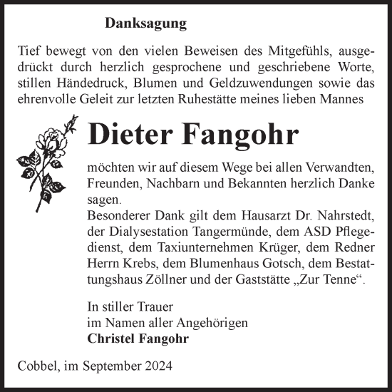 Traueranzeige von Dieter Fangohr von Volksstimme Altmark Ost