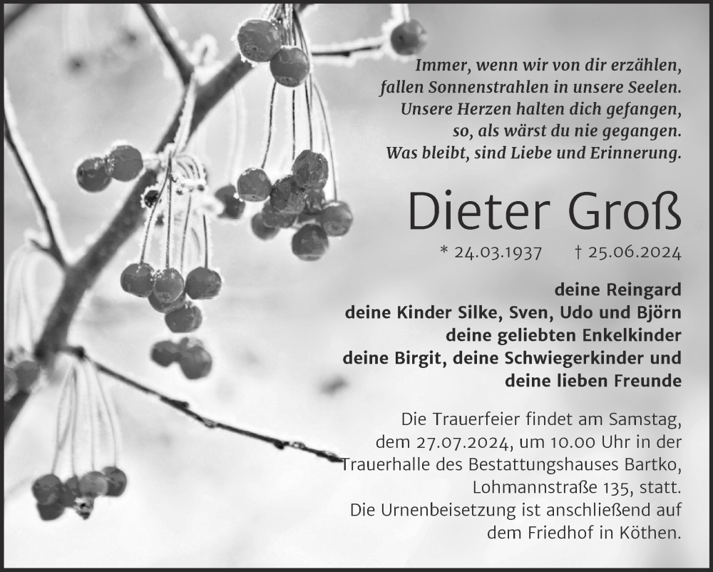  Traueranzeige für Dieter Groß vom 06.07.2024 aus Trauerkombi Köthen
