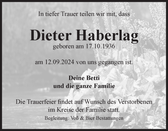 Traueranzeige von Dieter Haberlag von Volksstimme Wernigerode