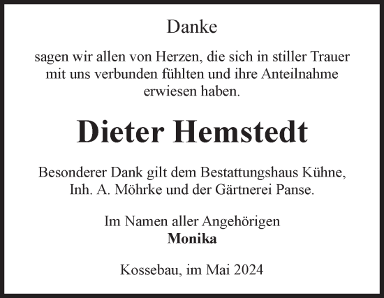 Traueranzeige von Dieter Hemstedt von Volksstimme Altmark Ost