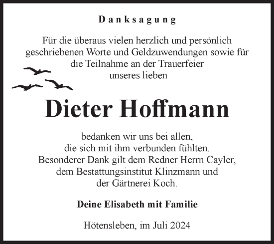 Traueranzeige von Dieter Hoffmann von Volksstimme Oschersleben/Wanzleben