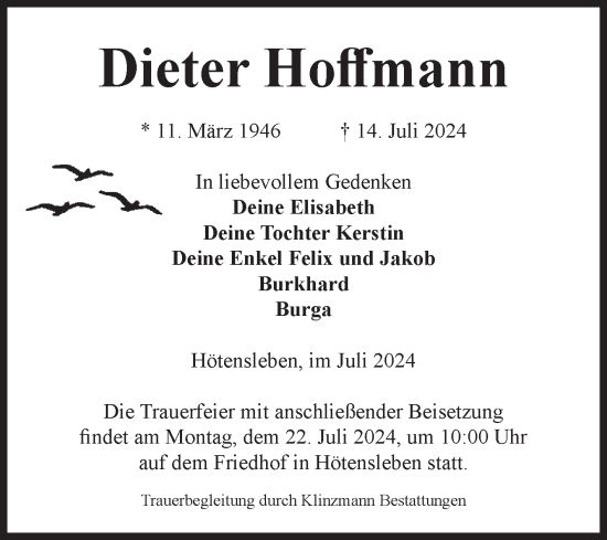 Traueranzeige von Dieter Hoffmann von Volksstimme Oschersleben/Wanzleben