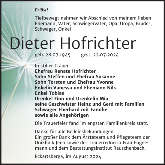 Traueranzeige von Dieter Hofrichter von Super Sonntag Naumburg/Nebra