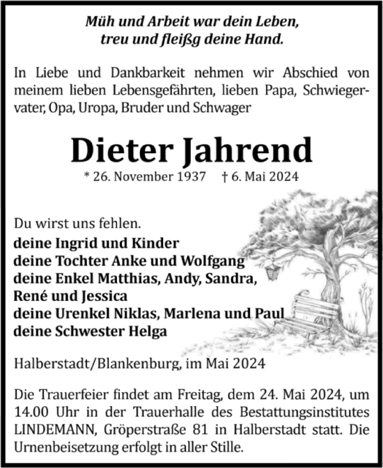 Traueranzeige von Dieter Jahrend von Volksstimme Halberstadt