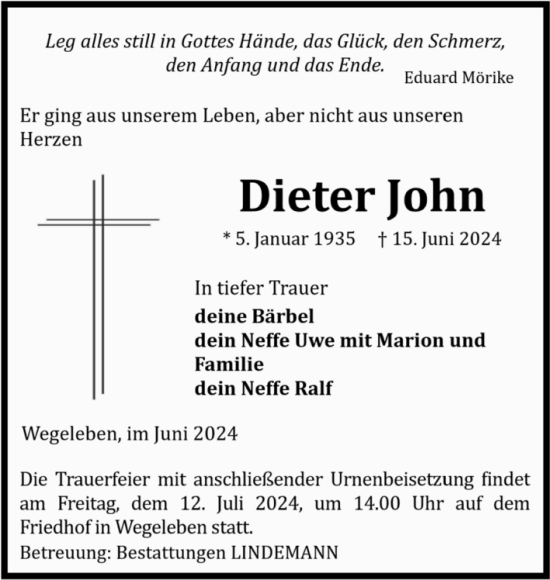 Traueranzeige von Dieter John von Volksstimme Halberstadt