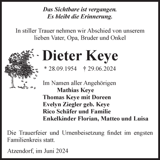 Traueranzeige von Dieter Keye von Volksstimme Staßfurt