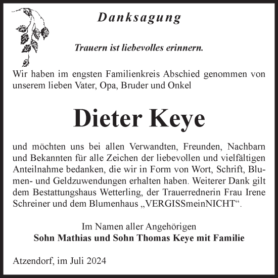Traueranzeige von Dieter Keye von Volksstimme Staßfurt