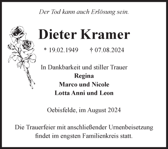 Traueranzeige von Dieter Kramer von Volksstimme Altmark West