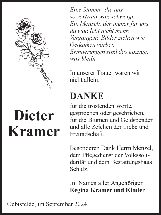 Traueranzeige von Dieter Kramer von Volksstimme Altmark West