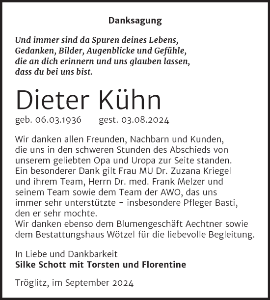 Traueranzeige von Dieter Kühn von Trauerkombi Zeitz