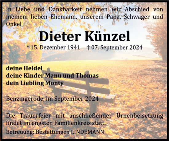 Traueranzeige von Dieter Künzel von Volksstimme Wernigerode