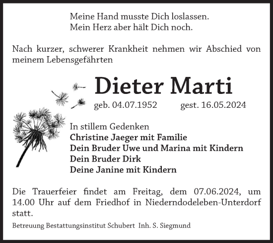 Traueranzeige von Dieter Marti von Volksstimme Haldensleben/Wolmirstedt