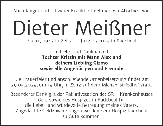 Traueranzeige von Dieter Meißner von Trauerkombi Zeitz