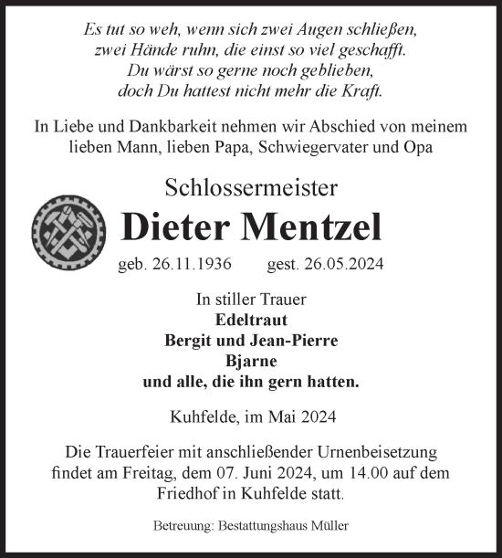 Traueranzeige von Dieter Mentzel von Volksstimme Altmark West