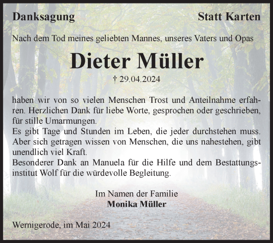 Traueranzeige von Dieter Müller von Volksstimme Wernigerode