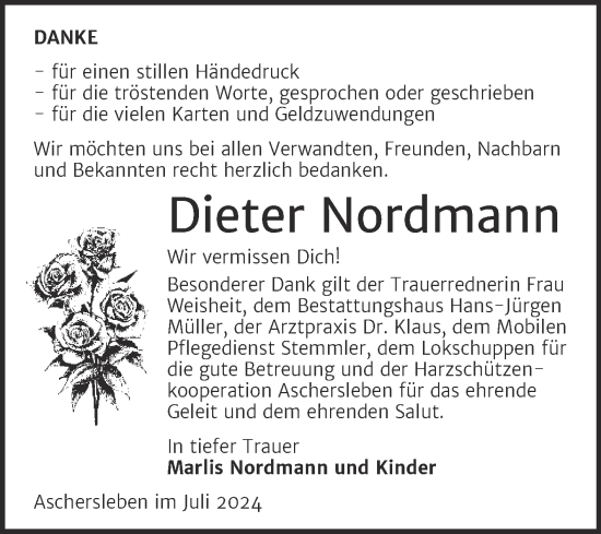 Traueranzeige von Dieter Nordmann von Trauerkombi Aschersleben