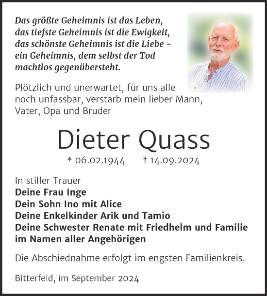 Traueranzeige von Dieter Quass von Trauerkombi Bitterfeld
