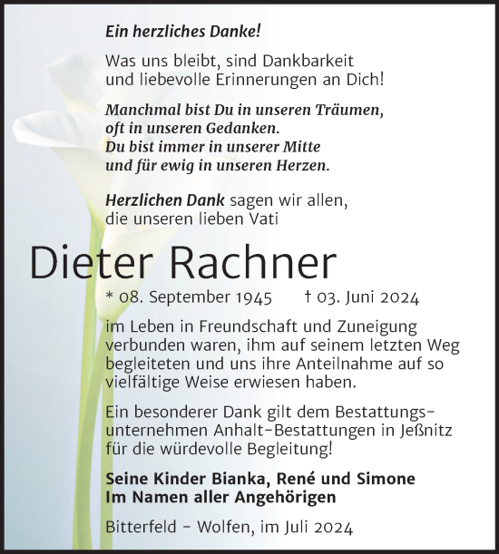 Traueranzeige von Dieter Rachner von Trauerkombi Bitterfeld