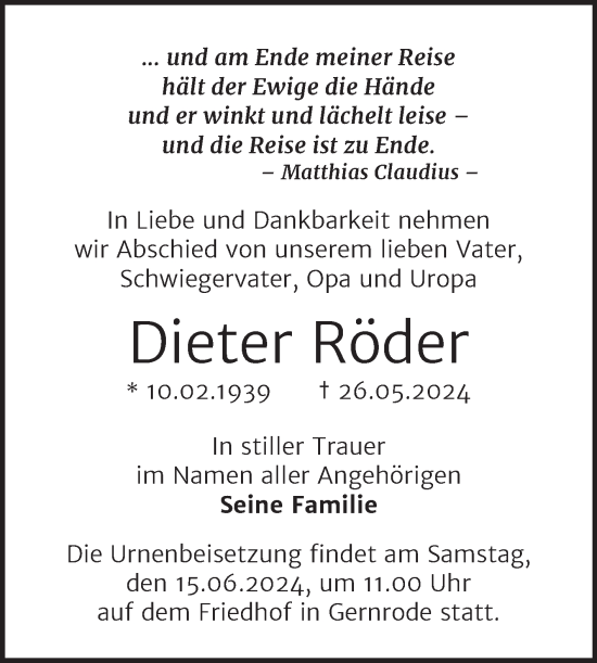 Traueranzeige von Dieter Röder von Trauerkombi Quedlinburg