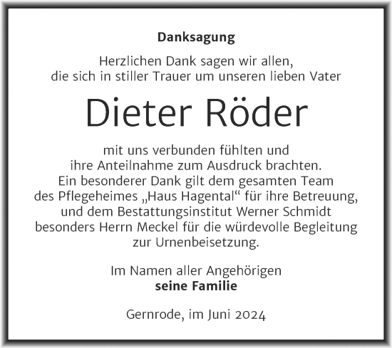 Traueranzeige von Dieter Röder von Trauerkombi Quedlinburg
