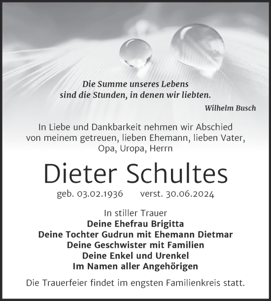 Traueranzeige von Dieter Schultes von Trauerkombi Weißenfels
