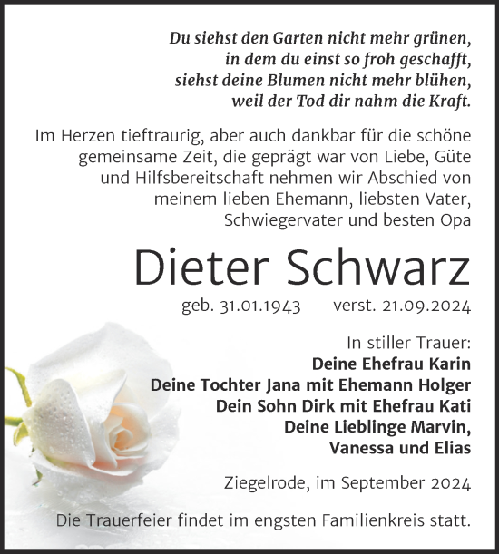Traueranzeige von Dieter Schwarz von Trauerkombi Mansfelder Land