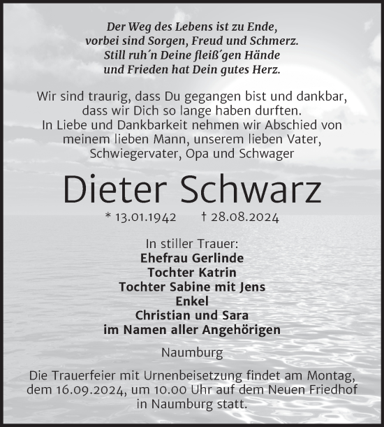Traueranzeige von Dieter Schwarz von Super Sonntag Naumburg/Nebra