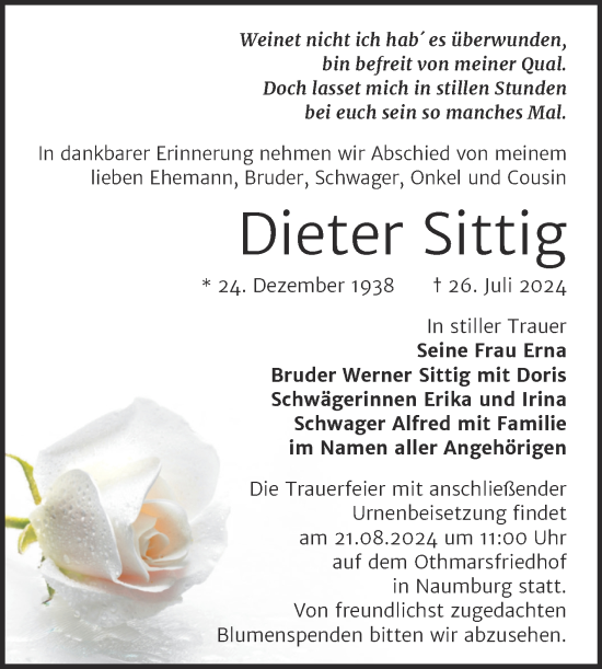 Traueranzeige von Dieter Sittig von Naumburger Tageblatt