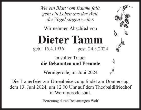 Traueranzeige von Dieter Tamm von Volksstimme Wernigerode
