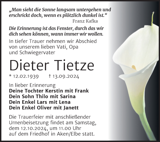 Traueranzeige von Dieter Tietze von Trauerkombi Dessau