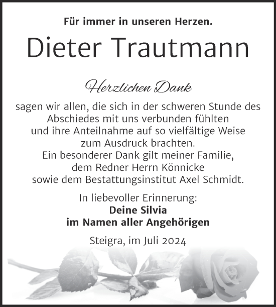 Traueranzeige von Dieter Trautmann von Trauerkombi Merseburg