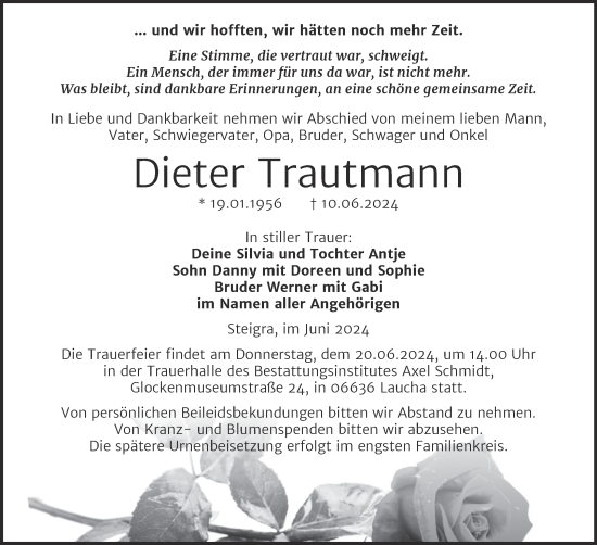 Traueranzeige von Dieter Trautmann von Mitteldeutsche Zeitung Merseburg/Querfurt
