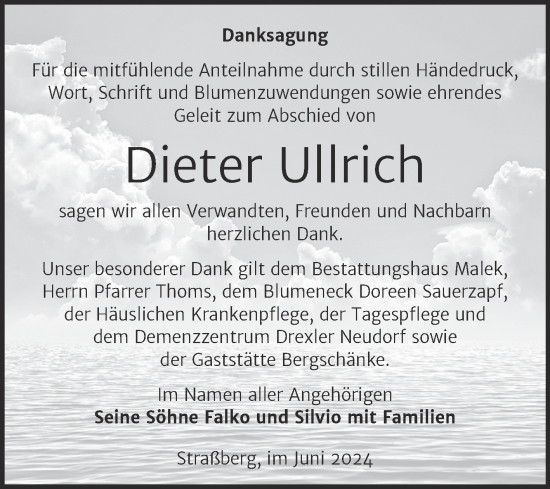 Traueranzeige von Dieter Ullrich von Trauerkombi Quedlinburg