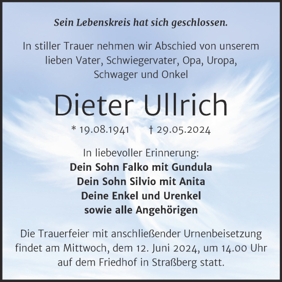 Traueranzeige von Dieter Ullrich von Trauerkombi Quedlinburg