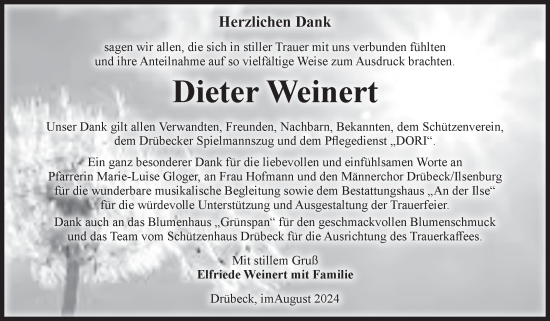 Traueranzeige von Dieter Weinert von Volksstimme Wernigerode