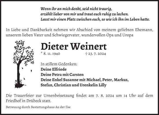 Traueranzeige von Dieter Weinert von Volksstimme Wernigerode