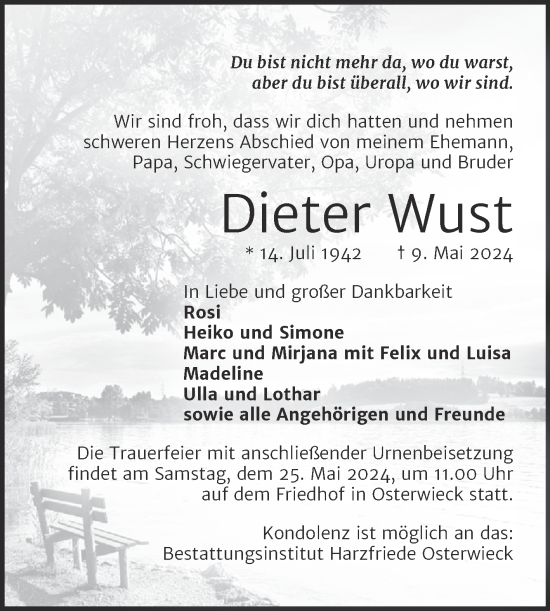 Traueranzeige von Dieter Wust von Volksstimme Halberstadt