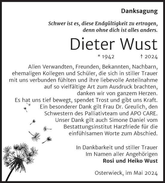 Traueranzeige von Dieter Wust von Volksstimme Halberstadt