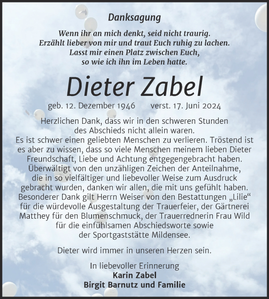 Traueranzeige von Dieter Zabel von Trauerkombi Dessau