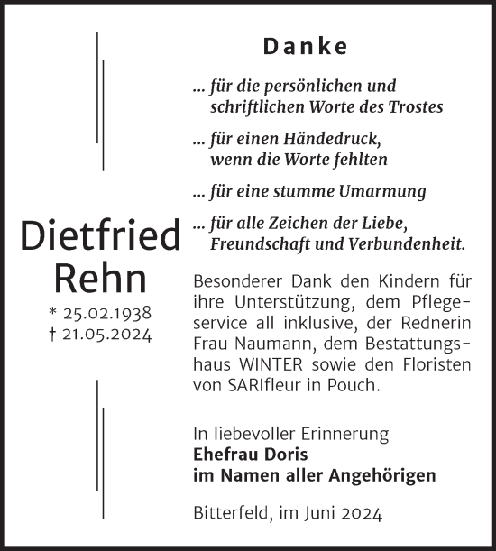 Traueranzeige von Dietfried Rehn von Trauerkombi Bitterfeld