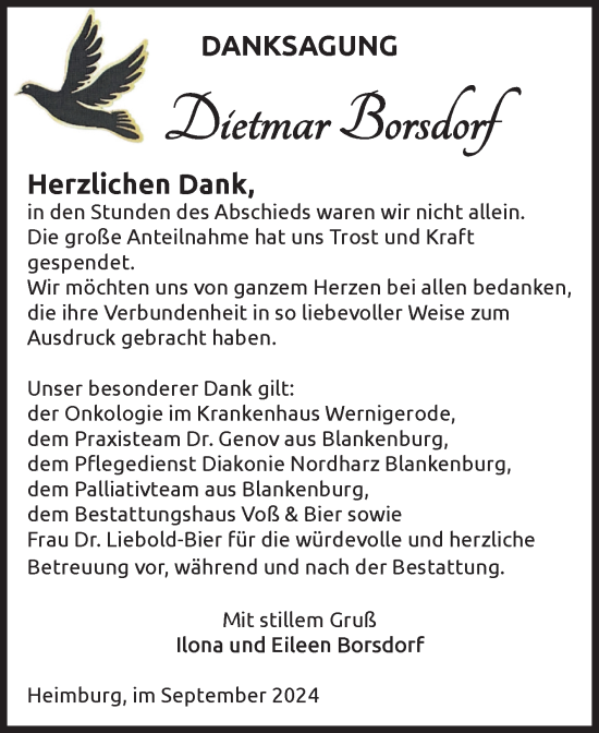 Traueranzeige von Dietmar Borsdorf von Volksstimme Wernigerode